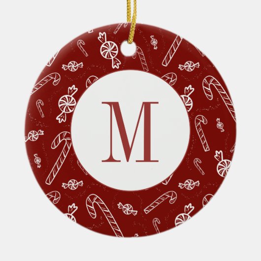 Candy Cane Peppermint Initiaal Monogram Kerst Keramisch Ornament (Voorkant)