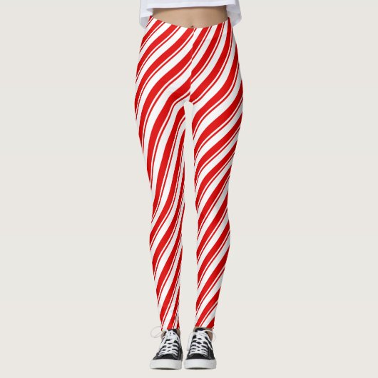 Candy Cane Peppermint Red Whtie Stripe Patroon Leggings (Voorkant)