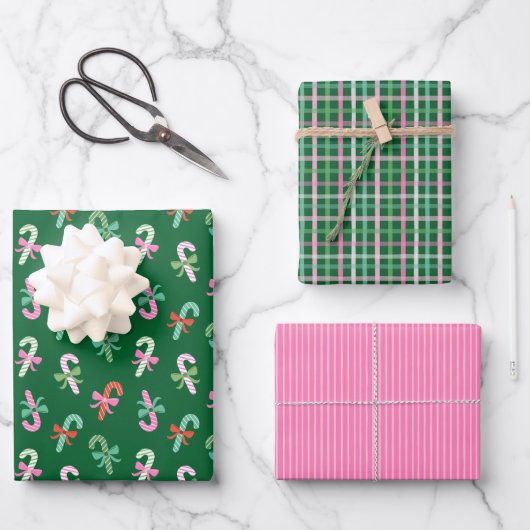 Candy Cane Plaid & Bows Pink & Green Christmas Inpakpapier Vel (Voorkant)