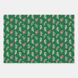 Candy Cane Plaid Stripes & Bows Green Christmas Inpakpapier Vel