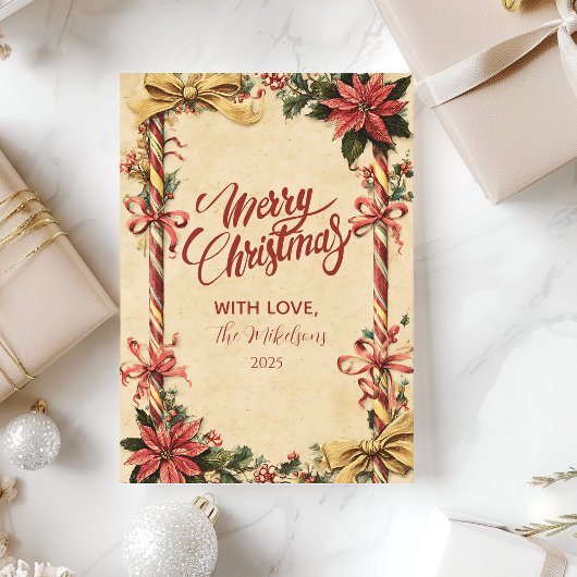 Candy Cane Poinsettia Kerstmis Feestdagenkaart