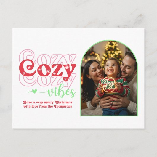 Candy Cane Pop Cozy Vibes Retro Kerstfoto Feestdagenkaart (Voorkant)