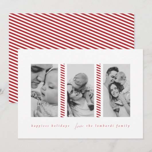 Candy Cane Red Drie Foto Vakantie Kaart (Voorkant / Achterkant)