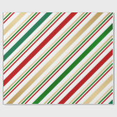 Candy Cane Red, Gold, Green en White Stripes Cadeaupapier (Vlak)
