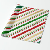 Candy Cane Red, Gold, Green en White Stripes Cadeaupapier (Uitgerold)
