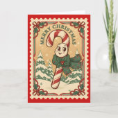 Candy Cane Retro Postzegel Kerstmis Feestdagen Kaart (Voorkant)
