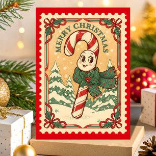 Candy Cane Retro Postzegel Kerstmis Feestdagen Kaart