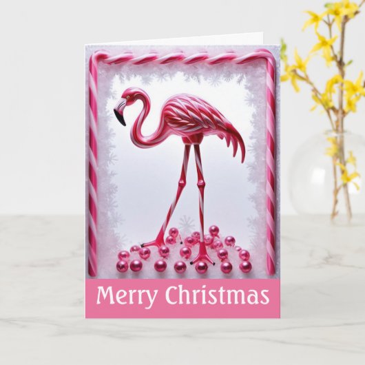 Candy Cane Roze Flamingo Kerstwensen Kaart (Gele Bloem)