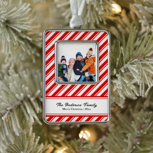 Candy Cane Stripe Custom Family Foto Verzilverd Omlijst Ornament (Boom)