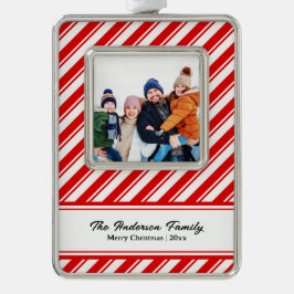 Candy Cane Stripe Custom Family Foto Verzilverd Omlijst Ornament