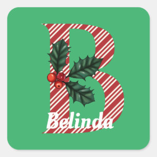 Candy Cane Stripe Letter B Grote Kerstmis Vierkante Sticker