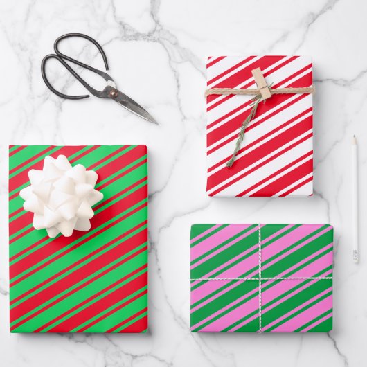 Candy Cane Stripe Red Green Roze Kerstmis Inpakpapier Vel (Voorkant)