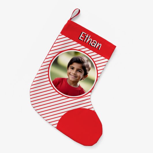 Candy Cane Stripes Red and White Custom Photo Kleine Kerstsok (Voorkant (Hangend))