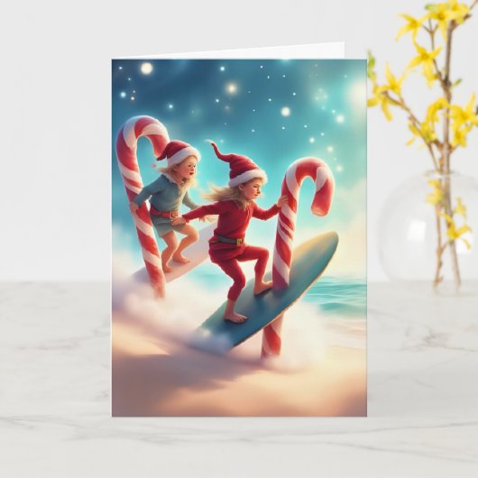 Candy Cane Surfers – Tropisch Kerstavontuur Kaart (Gele Bloem)