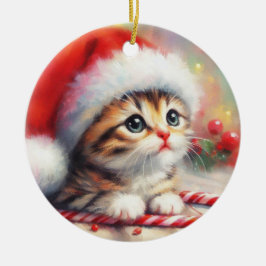 Candy Cane Tabby Kitten Kerstmis Keramisch Ornament