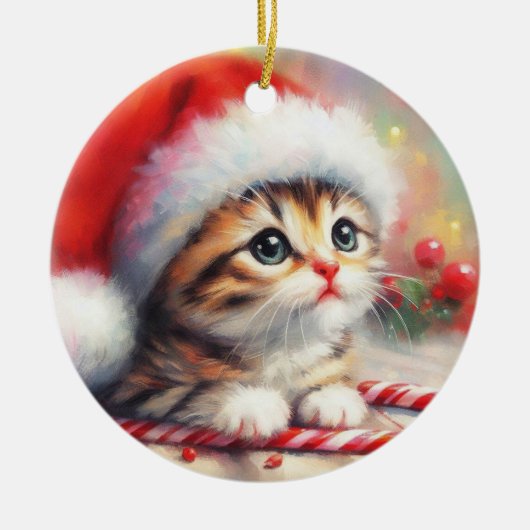 Candy Cane Tabby Kitten Kerstmis Keramisch Ornament (Voorkant)