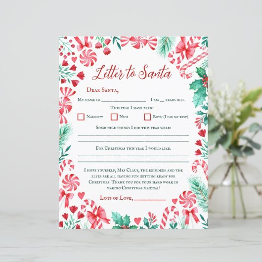 Candy Cane Waterverf Kinder brief aan de Kerstman (Staand voorkant)