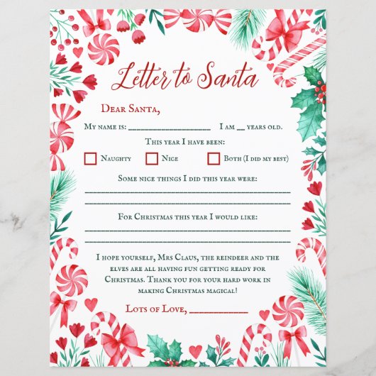 Candy Cane Waterverf Kinder brief aan de Kerstman (Voorkant)