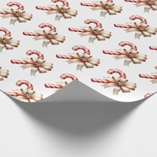 Candy Cane with Cream and Gold Bow Christmas Cadeaupapier (Hoek)