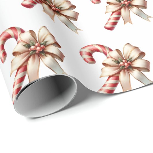 Candy Cane with Cream and Gold Bow Christmas Cadeaupapier (Rol Hoek)