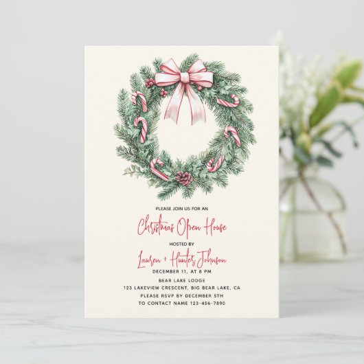 Candy Cane Wreath Christmas Open House Party Kaart (Staand voorkant)