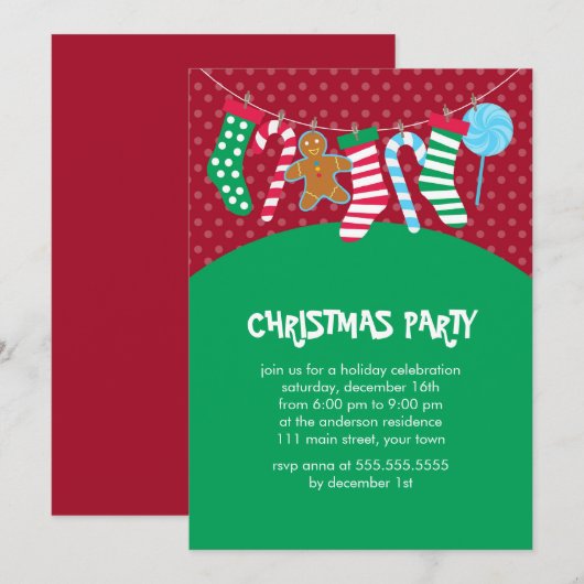 Candy Canes and Stockings Holiday Party Kaart (Voorkant / Achterkant)