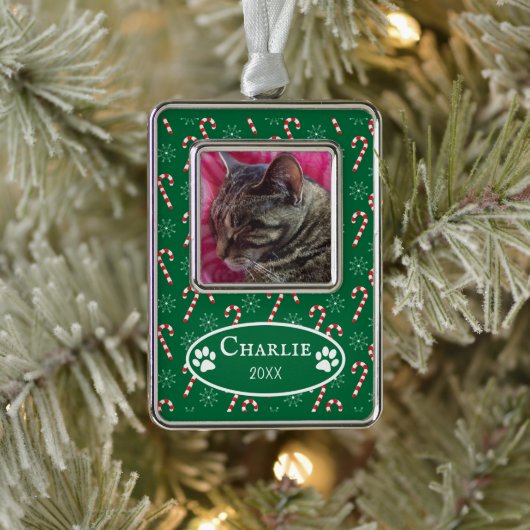 Candy Canes Cat Foto Green Frame Verzilverd Omlijst Ornament (Boom)