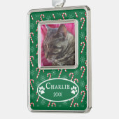 Candy Canes Cat Foto Green Frame Verzilverd Omlijst Ornament (Links)