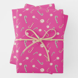 Candy Canes en Bon Bons op Roze Inpakpapier Vel