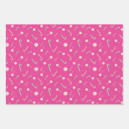 Candy Canes en Bon Bons op Roze Inpakpapier Vel