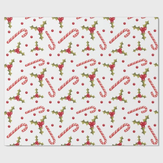 Candy Canes en Holly Seamless Pattern Cadeaupapier (Vlak)