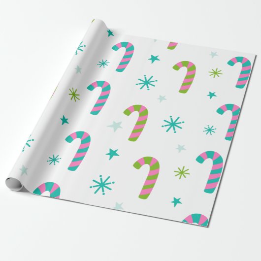 Candy Canes en sterren Moderne Kerstmis Cadeaupapier (Uitgerold)