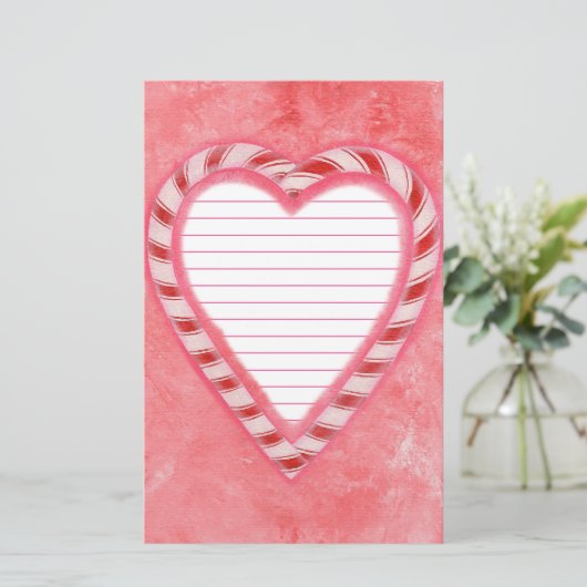 Candy Canes Hart Rood Roze Wit Gelijnd Stationery Briefpapier (Staand voorkant)