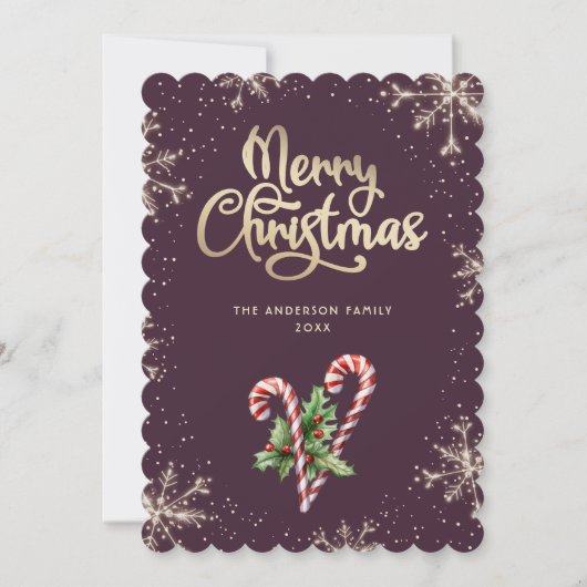 Candy Canes Holly Berries Violet Christmas Card Feestdagenkaart (Voorkant)