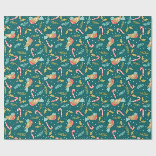 Candy Canes Holly Pine Boughs Bird Cadeaupapier (Vlak)