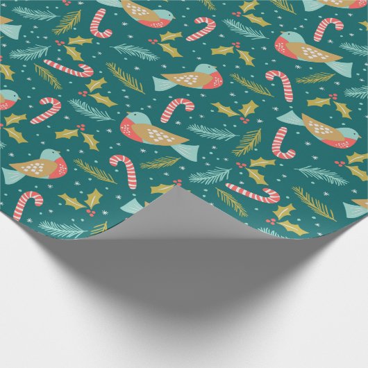 Candy Canes Holly Pine Boughs Bird Cadeaupapier (Hoek)