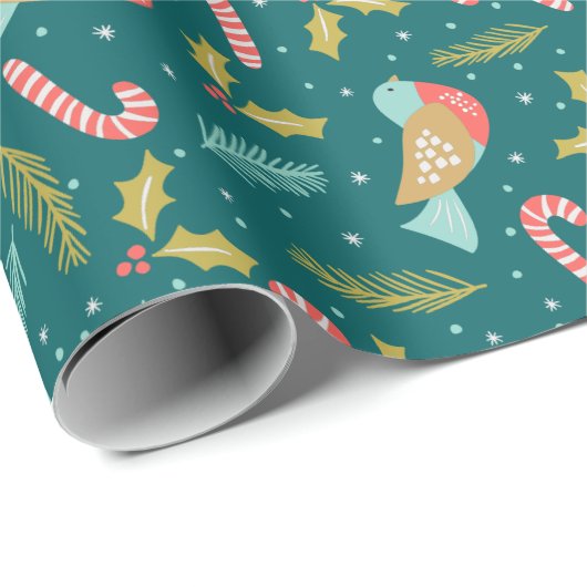 Candy Canes Holly Pine Boughs Bird Cadeaupapier (Rol Hoek)
