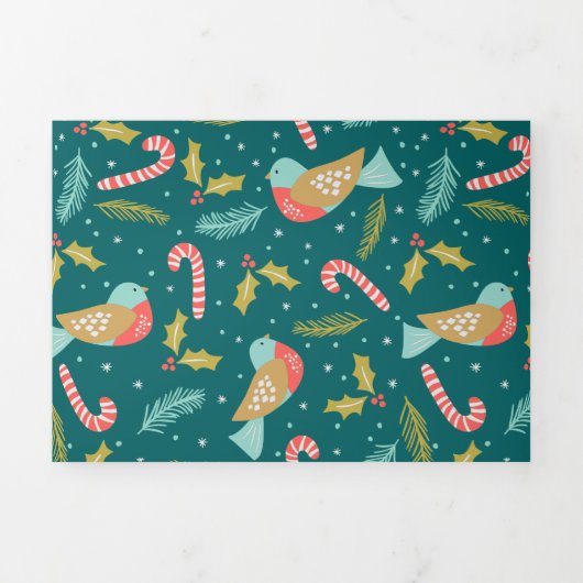 Candy Canes Holly Pine Boughs Birds Drieluik Wenskaart (Cover)