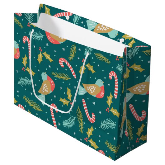 Candy Canes Holly Pine Boughs Birds Groot Cadeauzakje (Voorkant Gekanteld)