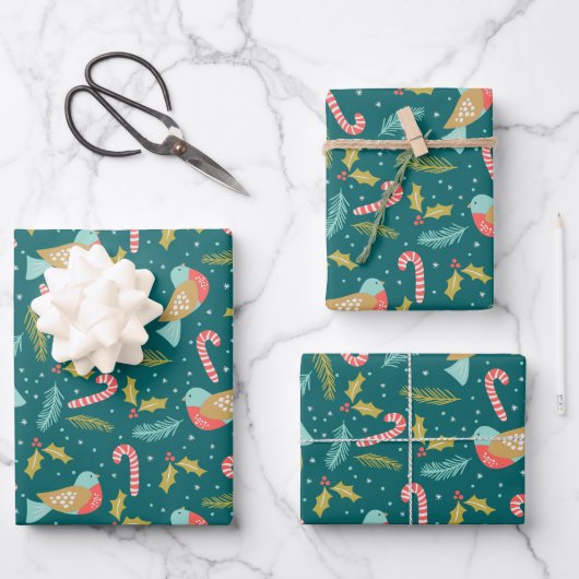 Candy Canes Holly Pine Boughs Birds Inpakpapier Vel (Voorkant)