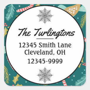 Candy Canes Holly Pine Boughs Birds Return Address Vierkante Sticker