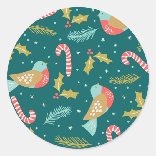 Candy Canes Holly Pine Boughs Birds Ronde Sticker (Voorkant)