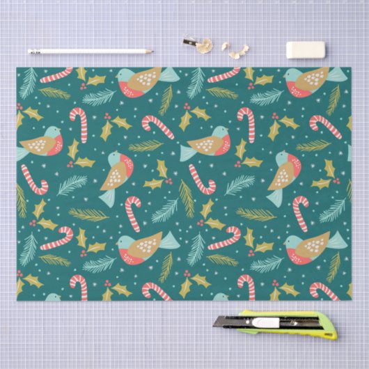 Candy Canes Holly Pine Boughs Birds Tissuepapier (Craft)