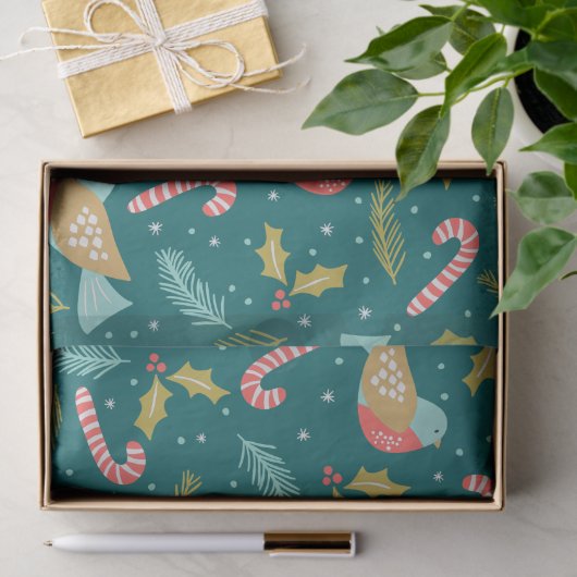 Candy Canes Holly Pine Boughs Birds Tissuepapier (Geschenk)