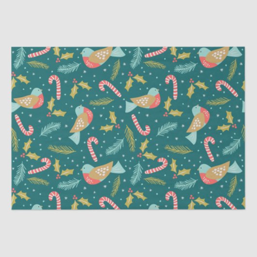 Candy Canes Holly Pine Boughs Birds Tissuepapier (Voorkant)
