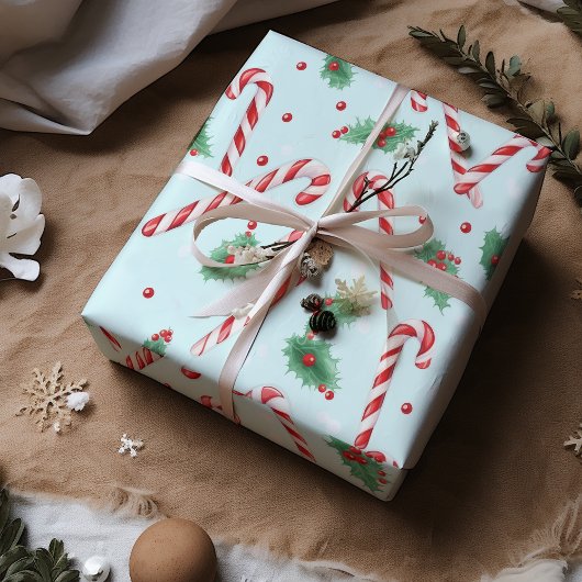 Candy Canes Kerst Blauwgroen Cadeaupapier
