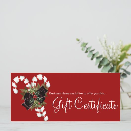 Candy Canes met cadeaubonnen en donkerrode boog (Staand voorkant)