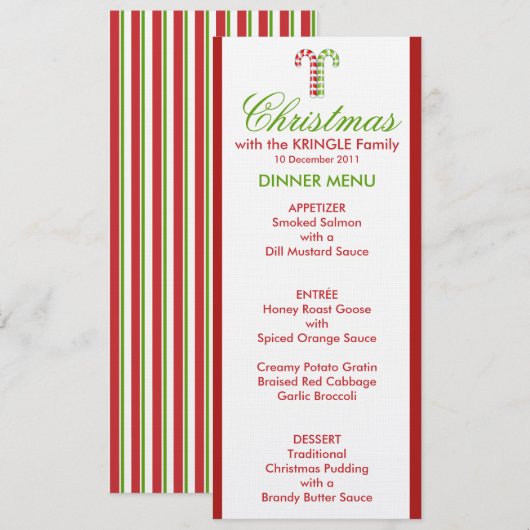 Candy Canes red green Dinner Menu (Voorkant / Achterkant)