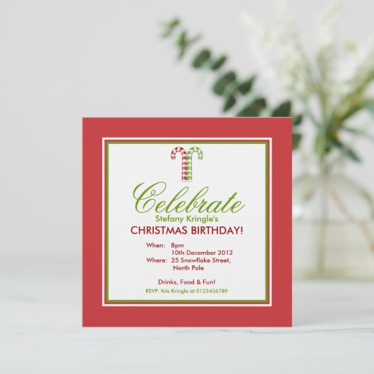 Candy Canes red green Kerstmis Birthday Invite Kaart (Staand voorkant)