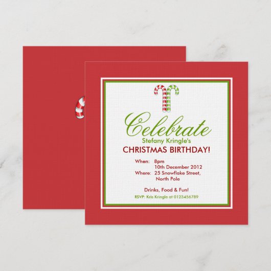 Candy Canes red green Kerstmis Birthday Invite Kaart (Voorkant / Achterkant)